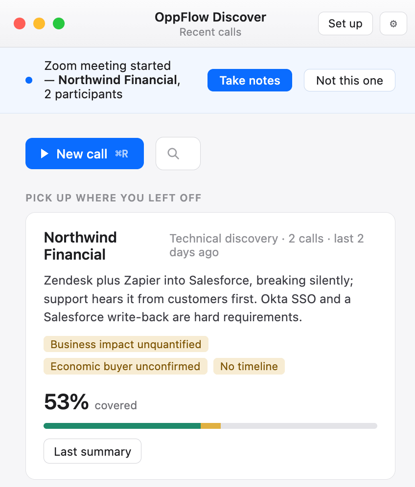 OppFlow Discover — the pick-up card for Northwind Financial, 53% covered with three gaps named